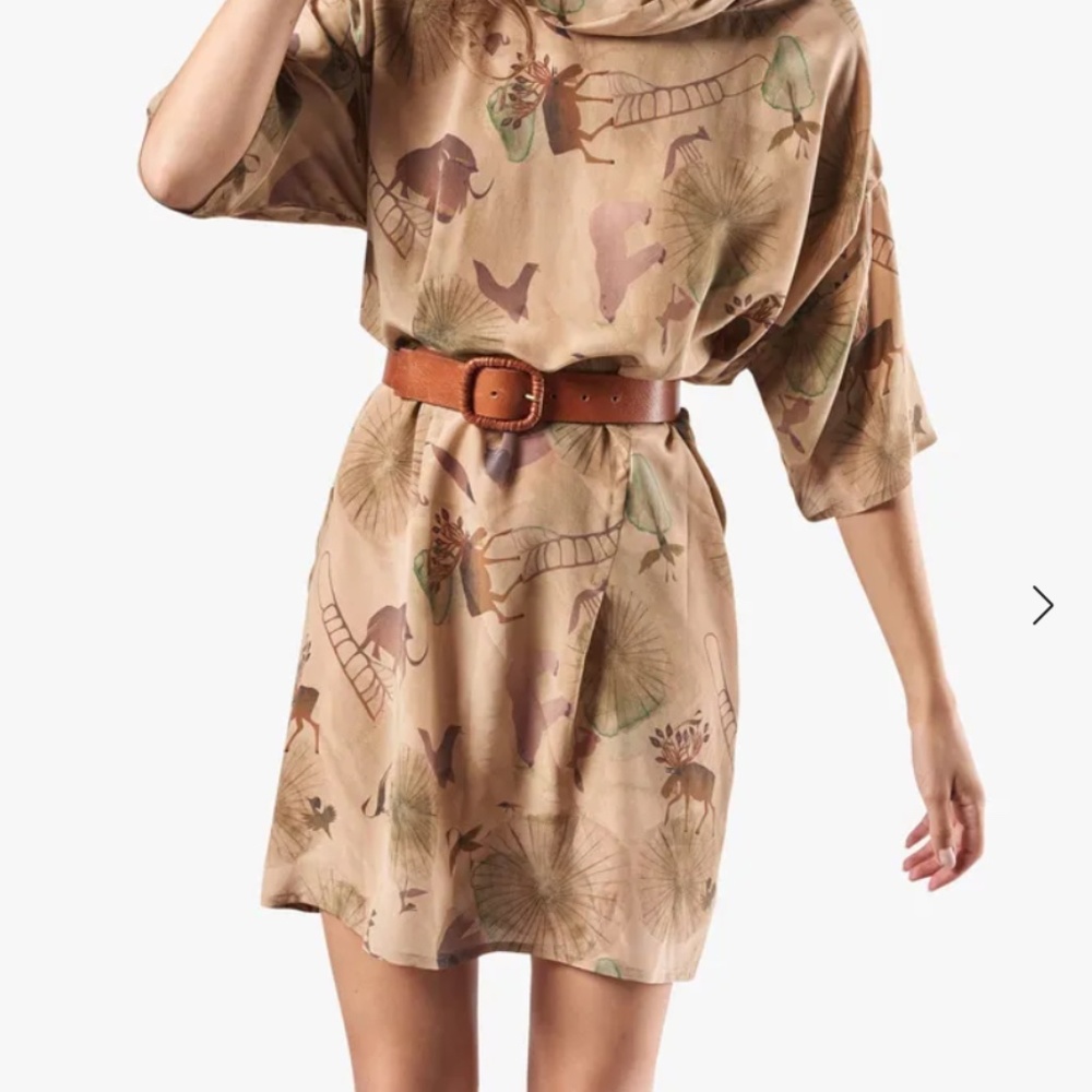 COTELAC Beige Printed Silk mini Dress with Funnel Neck